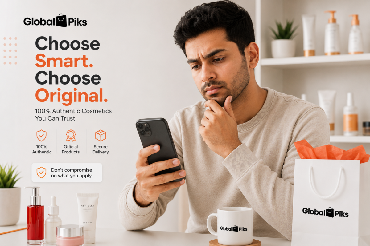Hero image: Person browsing cosmetics on mobile phone, thoughtful/cautious expression, modern setting