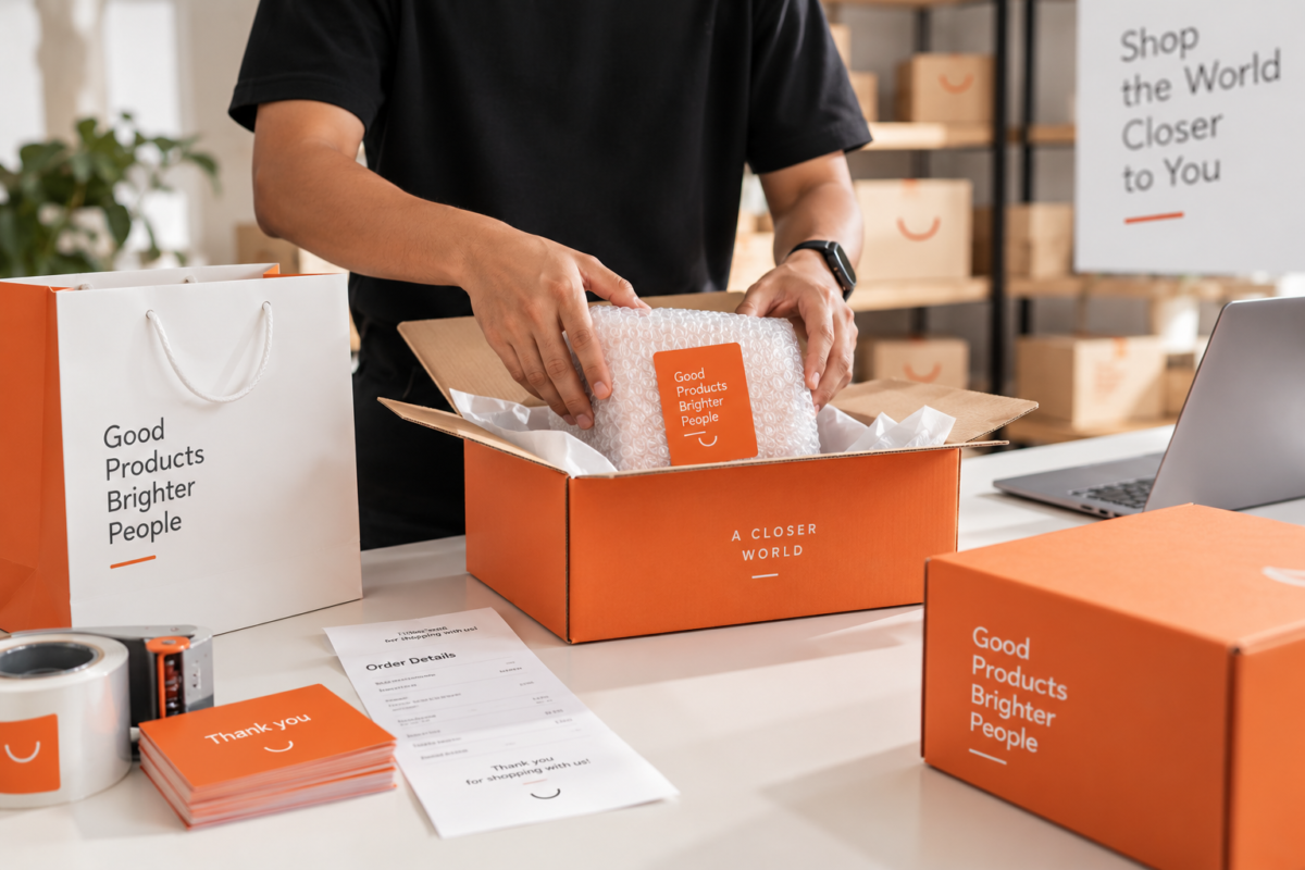 Photo: Actual Global Piks order being packed with official store bags, receipts, and branded packaging visible